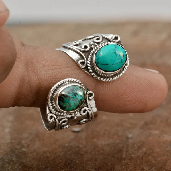 Adjustable ring with double turquoise setting