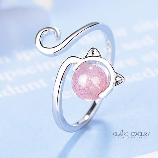 925 Sterling Silver and Pink Agate Kitten Ring